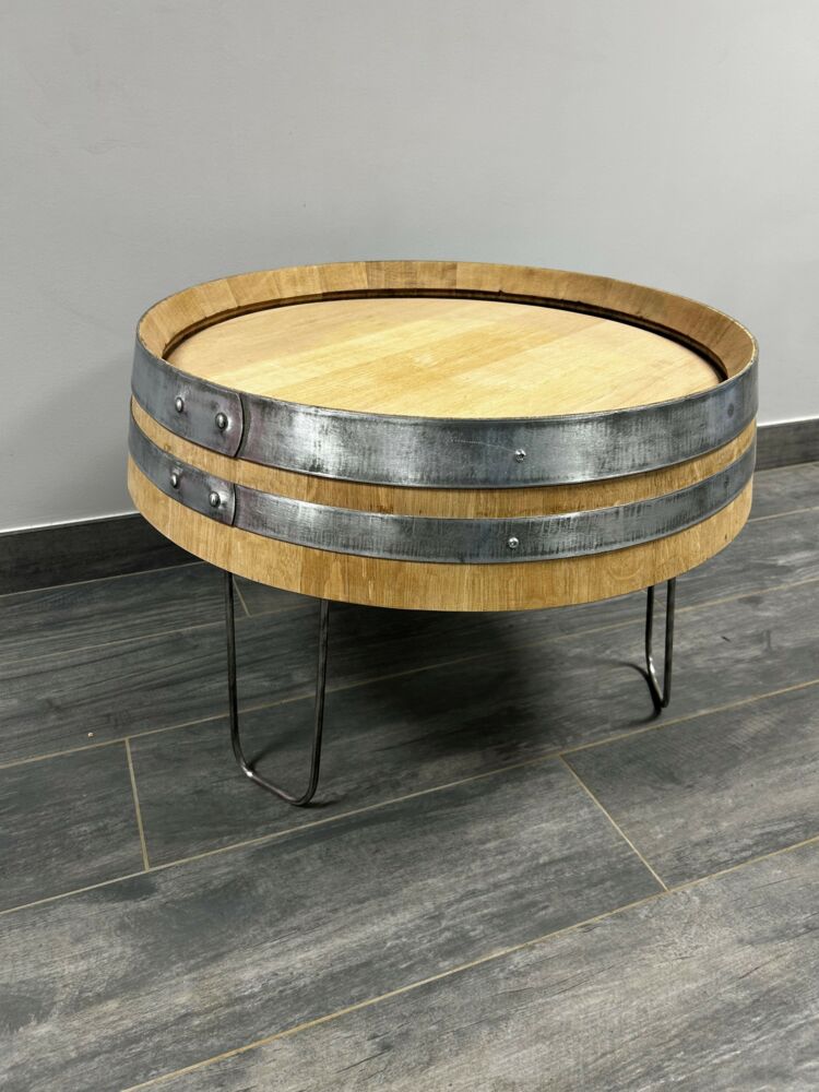 Table basse en tonneau chêne massif 64 cm – Pied métal – Fabrication artisanale